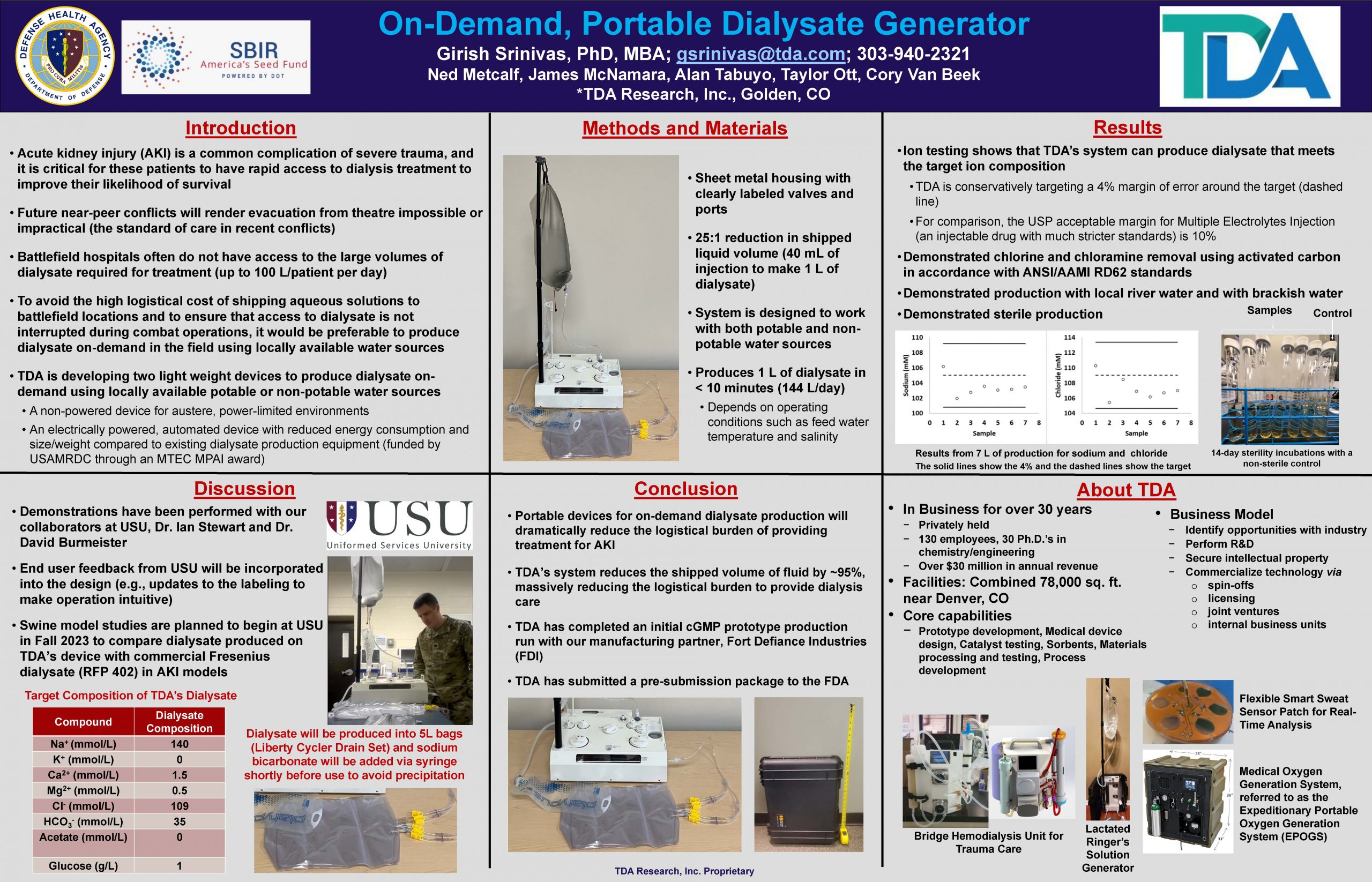 Screenshot of TDA Research, Inc. “On-Demand, Portable Dialysate Generator” MHSRS Poster